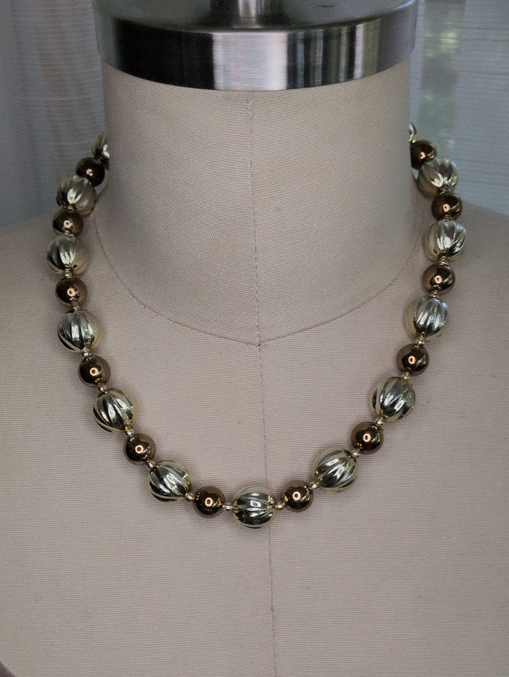 Ribbed Glass and Metallic Bead Necklace in Gold-Tone